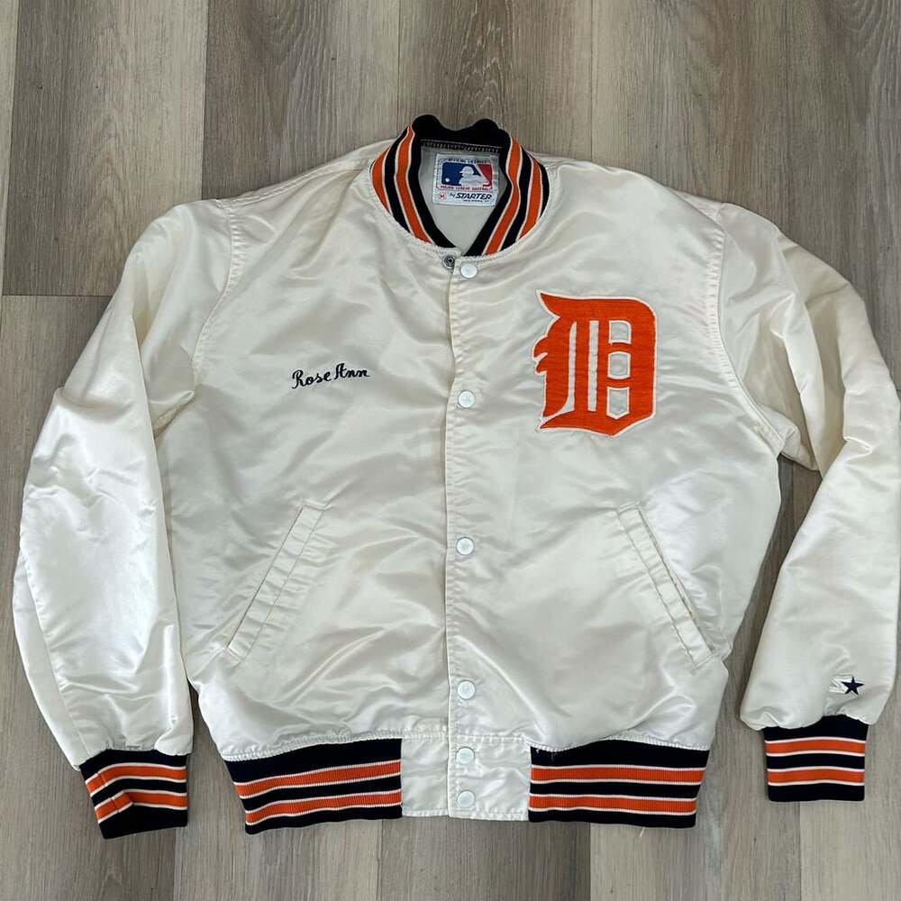 Starter Bomber Satin 80's Detroit Tigers White Jacket,